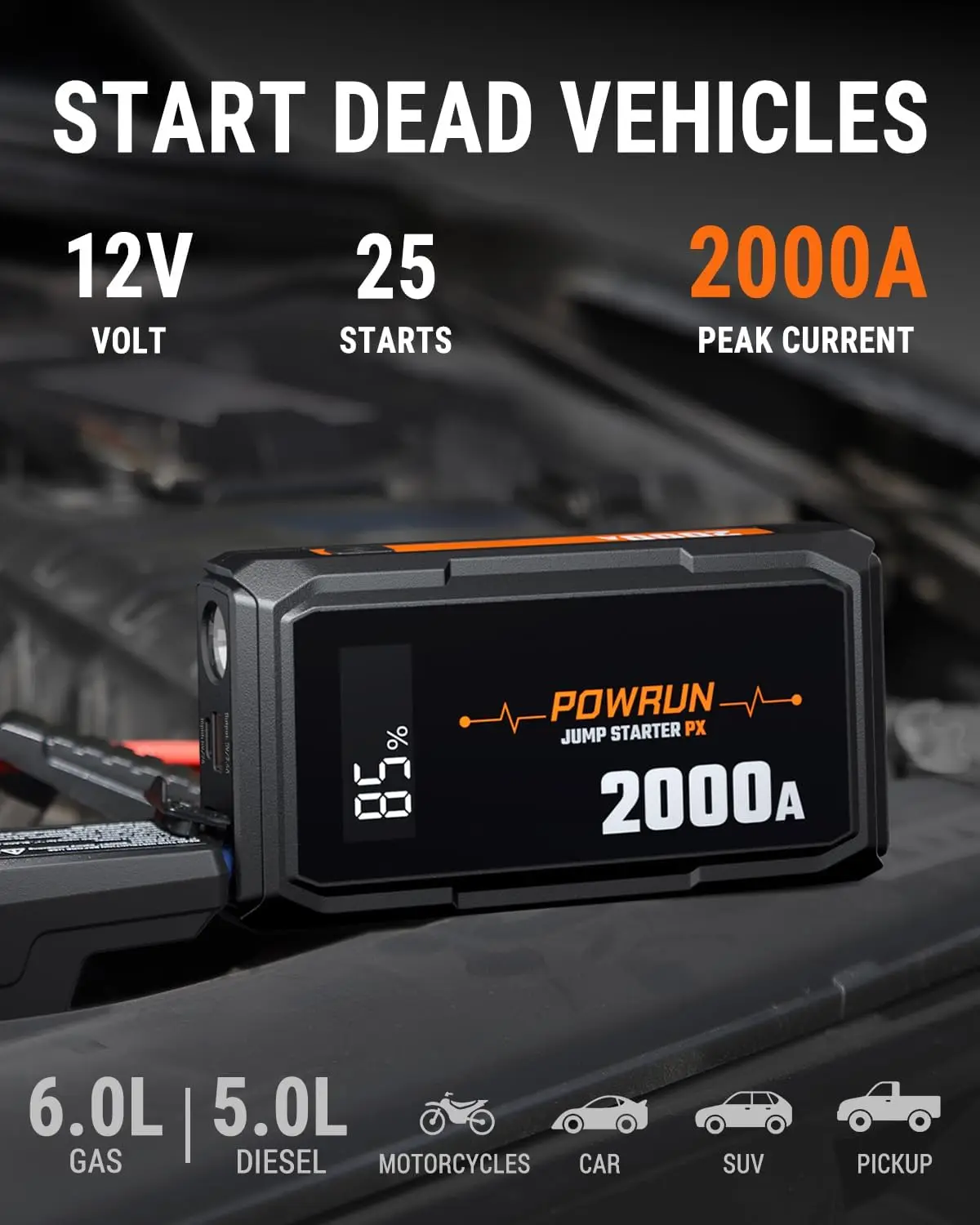 P-X 2000A Jump Starter، حزمة بطارية محمولة 12 فولت للغاز 6.0 لتر وديزل 5.0 لتر، مع حقيبة حمل #2