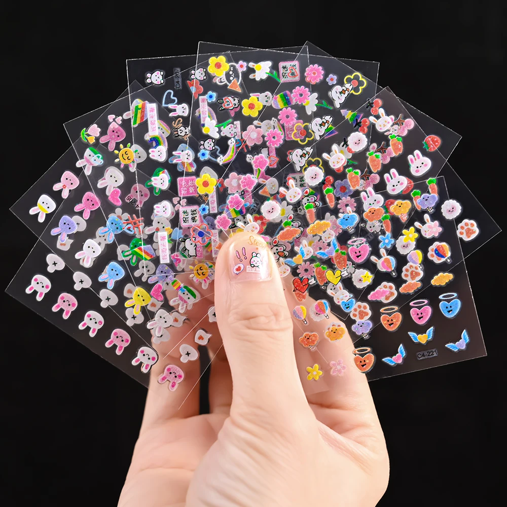 30Pcs Kawaii 3D Glitter Nail Stickers Rainbow Rabbit Cartoon Design For Nail Decals Supplies Lovely NAIL Stickers Press on Nails
