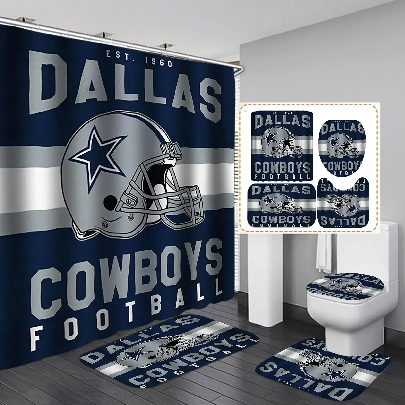 

White Navy Blue American Football Shower Curtain Set,Modern Texas Star Rugby Athlete Helmet Sports Bathroom Set Non-Slip Mat Rug