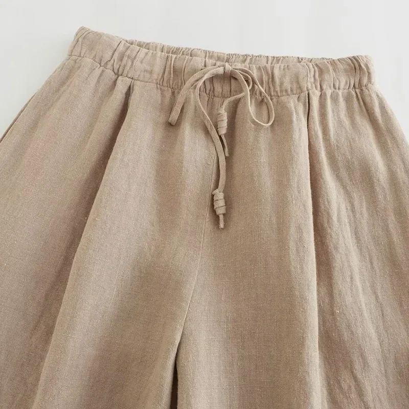 TRAF Women\'s High Waist Solid Lace-Up Long Pant Linen Blended Wide Leg Pant Summer 2024 Fashion Casual Ladies Streetwear Trouser