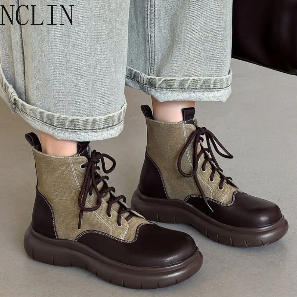 Autumn winter new women's short boots round head thick heel platform boots fashion color matching genuine leather boots