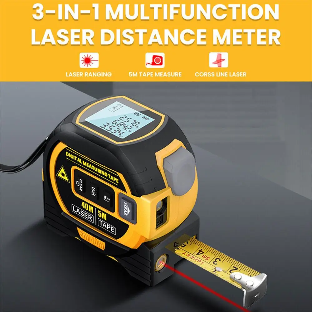 3 in 1 Digital Laser Measure 40m 131Ft Autolock Measuring Tape Top LCD Display