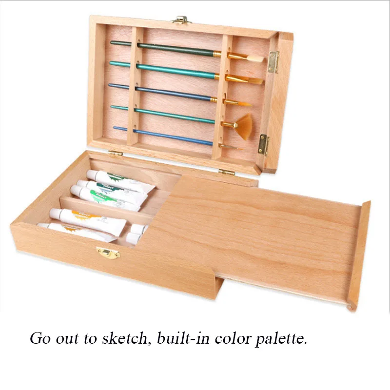 Beech Wooden Mini Painting Box Portable And Multifunctional Beech Brush Paint Storage Box Sketch Art Tool