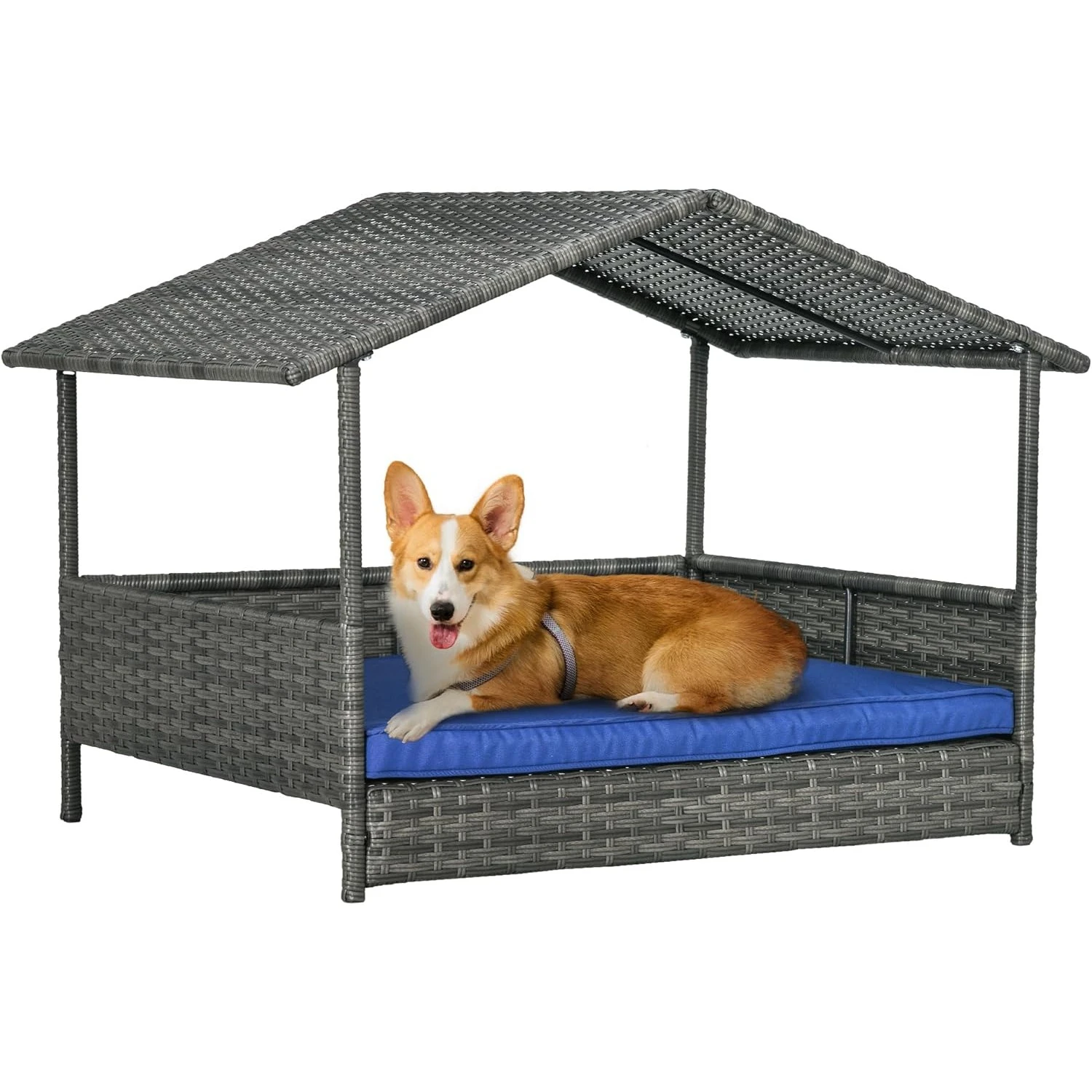 

Wicker Dog House Outdoor with Canopy, Rattan Dog Bed with Water-Resistant Cushion, Raised Dog Bed for Small, Medium Dogs