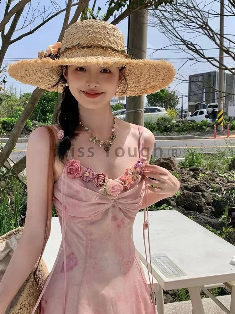 Elegant Pink Flower Lace-up Party Dress Women Sweet Y2k Sleeveless Slim Beach Dresses Fashion Chic Fairy Print Pleat Clothes New