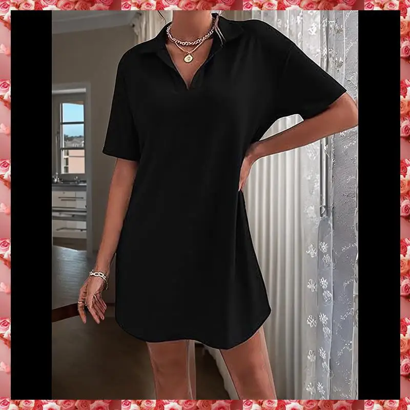 فستان نسائي صيفي برقبة على شكل حرف V صيفي بأكمام قصيرة وفضفاض غير رسمي بياقة تي شيرت