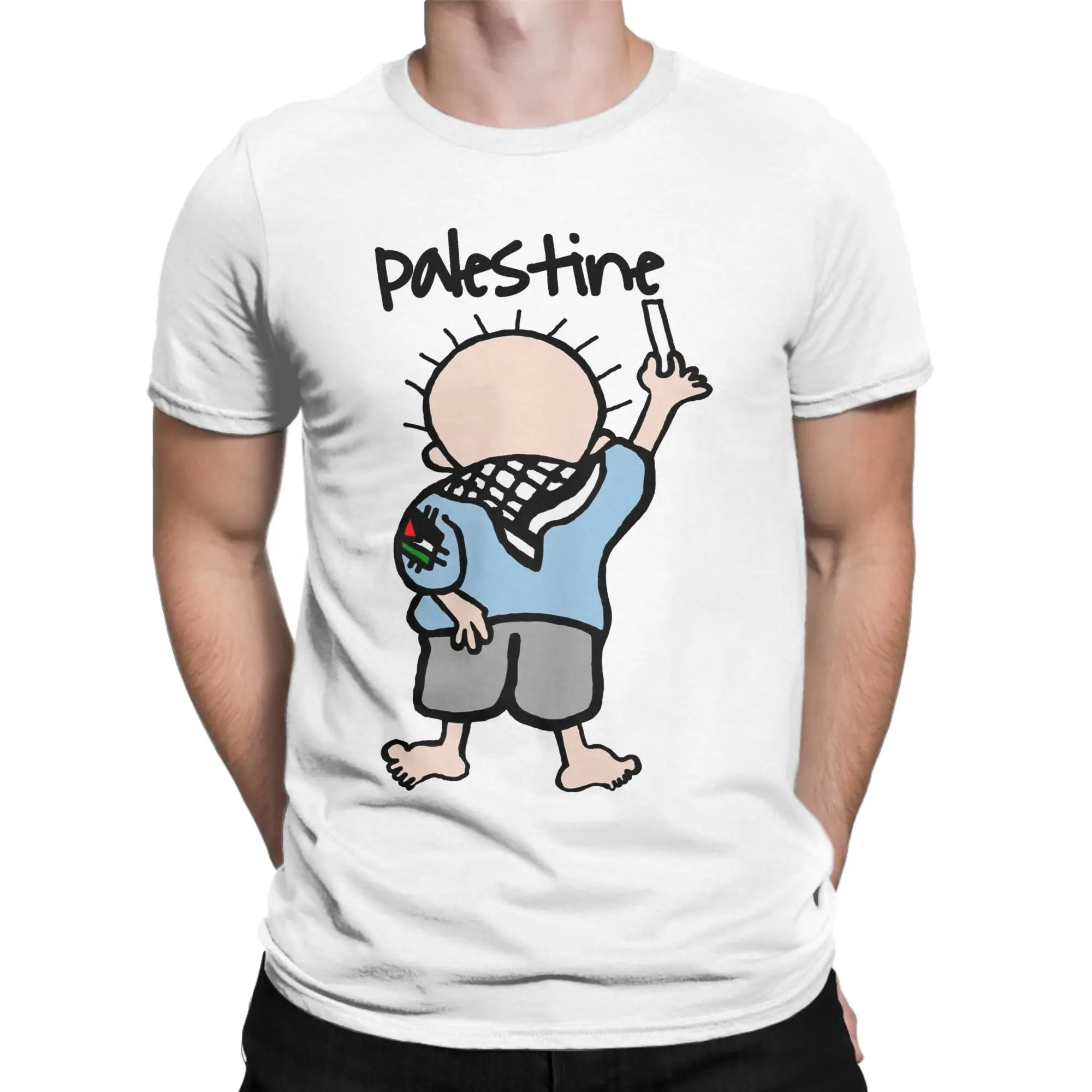 Vintage Handala Wearing Palestine Flag T-Shirt Men Round Collar Pure Cotton T Shirts Short Sleeve Tee Shirt Gift Clothes