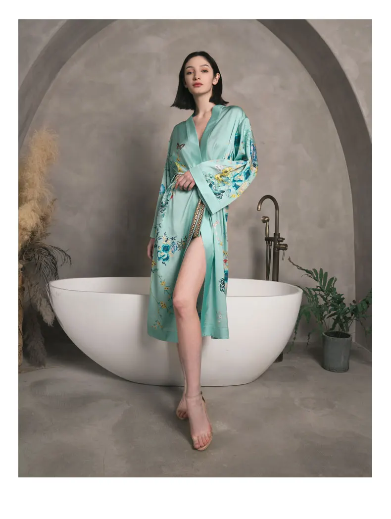 Birdtree 22MM 100%Mulberry Silk Elegant Nightgown Women's Flower Printed Long Dressing Gown 2024 Spring Summer New P41479QD