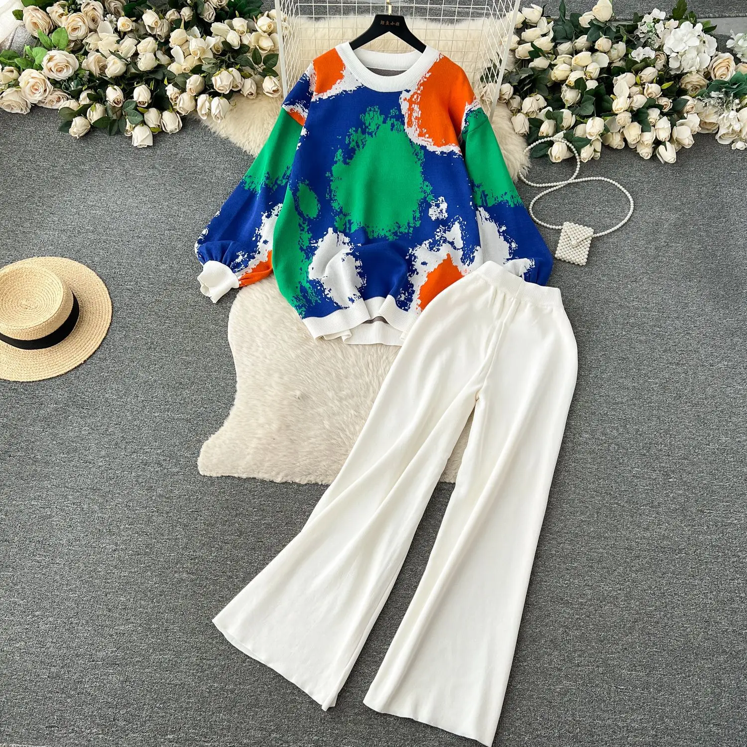 Autumn Knitted Conjuntos Fashion Jacquard Lantern Sleeve Pullover + High Waist Wide Leg Pants Outfit Korean Womens Sweater Sets