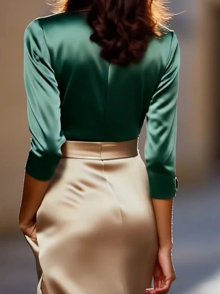 여성 우아한 기품 주름 롱 스커트 슈트 캐주얼 긴팔 쉬폰 새틴 2피스 세트 섹시한 브이넥 탑 & 힙 스커트 의상