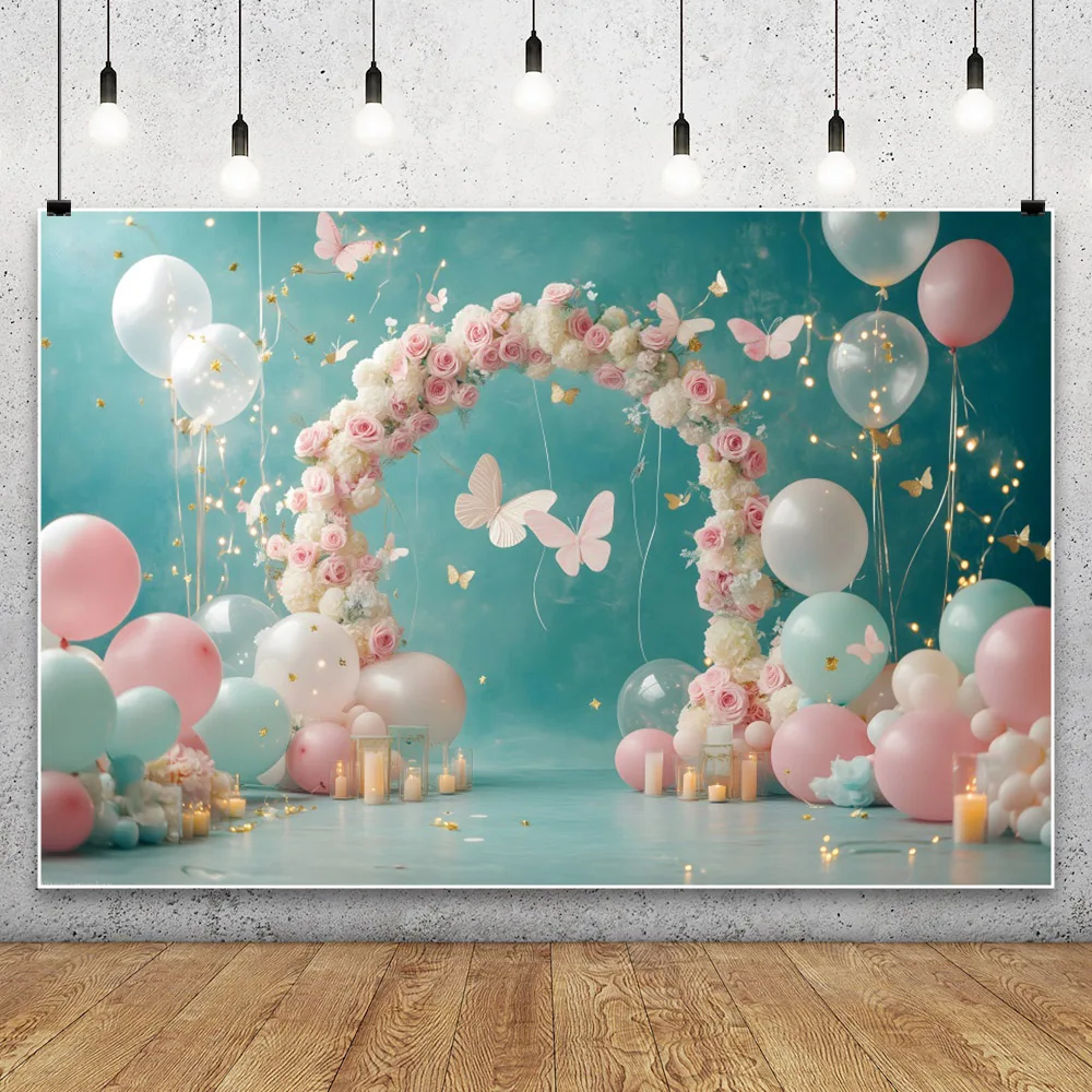 ลูกโป่งสีชมพูสีฟ้าฉากหลังวันเกิด1st เด็กทารกของขวัญรูปผีเสื้อพื้นหลังภาพเหมือนสำหรับถ่ายภาพในสตูดิโอถ่ายภาพ