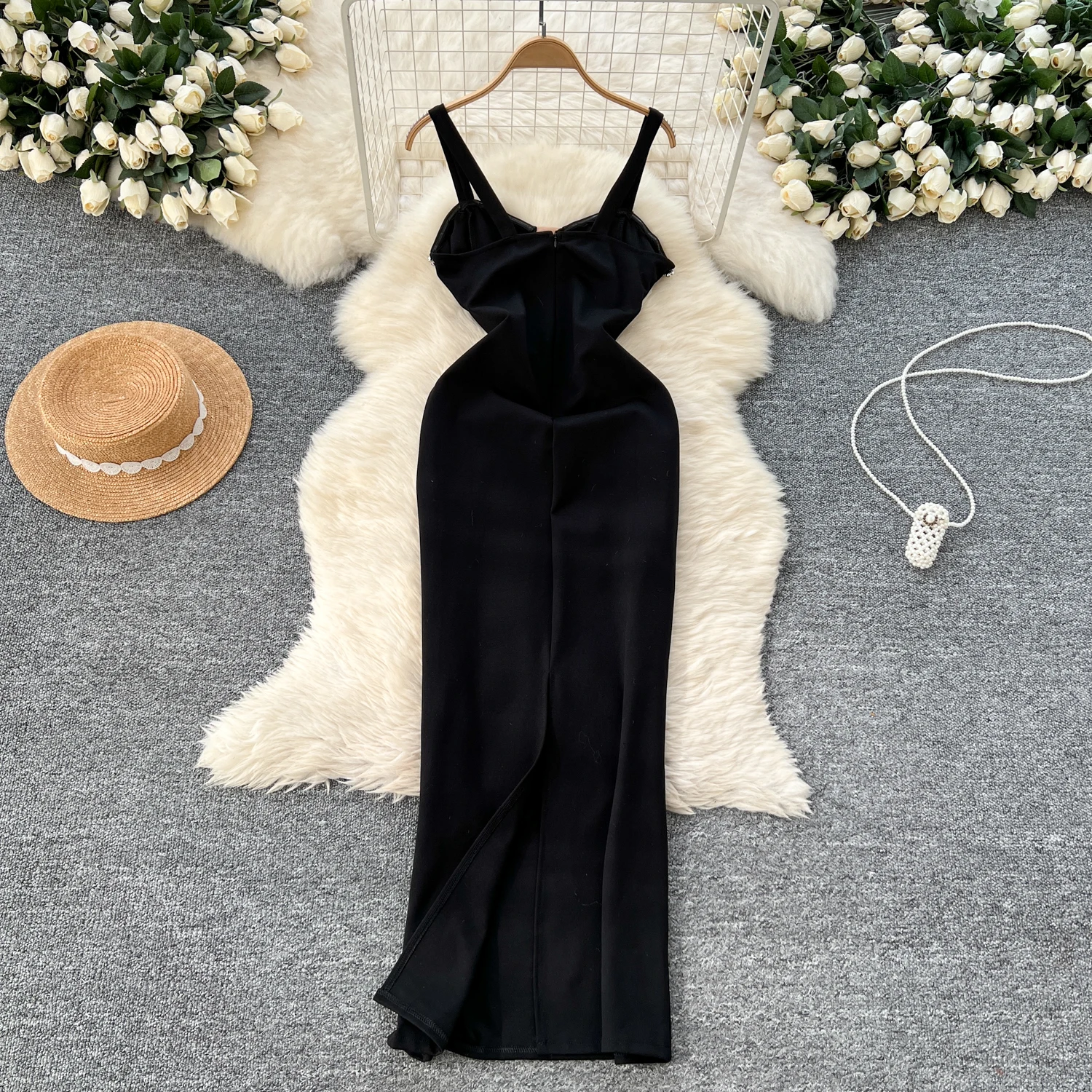 Elegant Sleeveless Sexy See Through Mesh Vintage Rhinestone Chic Split Slim Dresses Korean Evening High Street Autumn Clothing