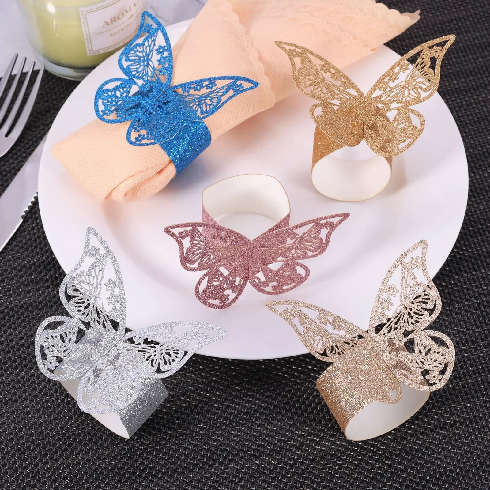 50pcs Napkin Rings Table Dinner Hollow 3D Butterfly Sprinkled Frosted Paper Serviette Buckle Holder Wedding Christmas Decoration