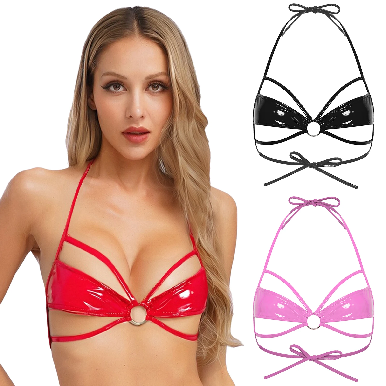 

Womens PU Leather Hollow Out Micro Bra Wet Look Lace-up Halter Neck Wireless Bralette O-ring Linked Cut Out Mini Brassiere Tops