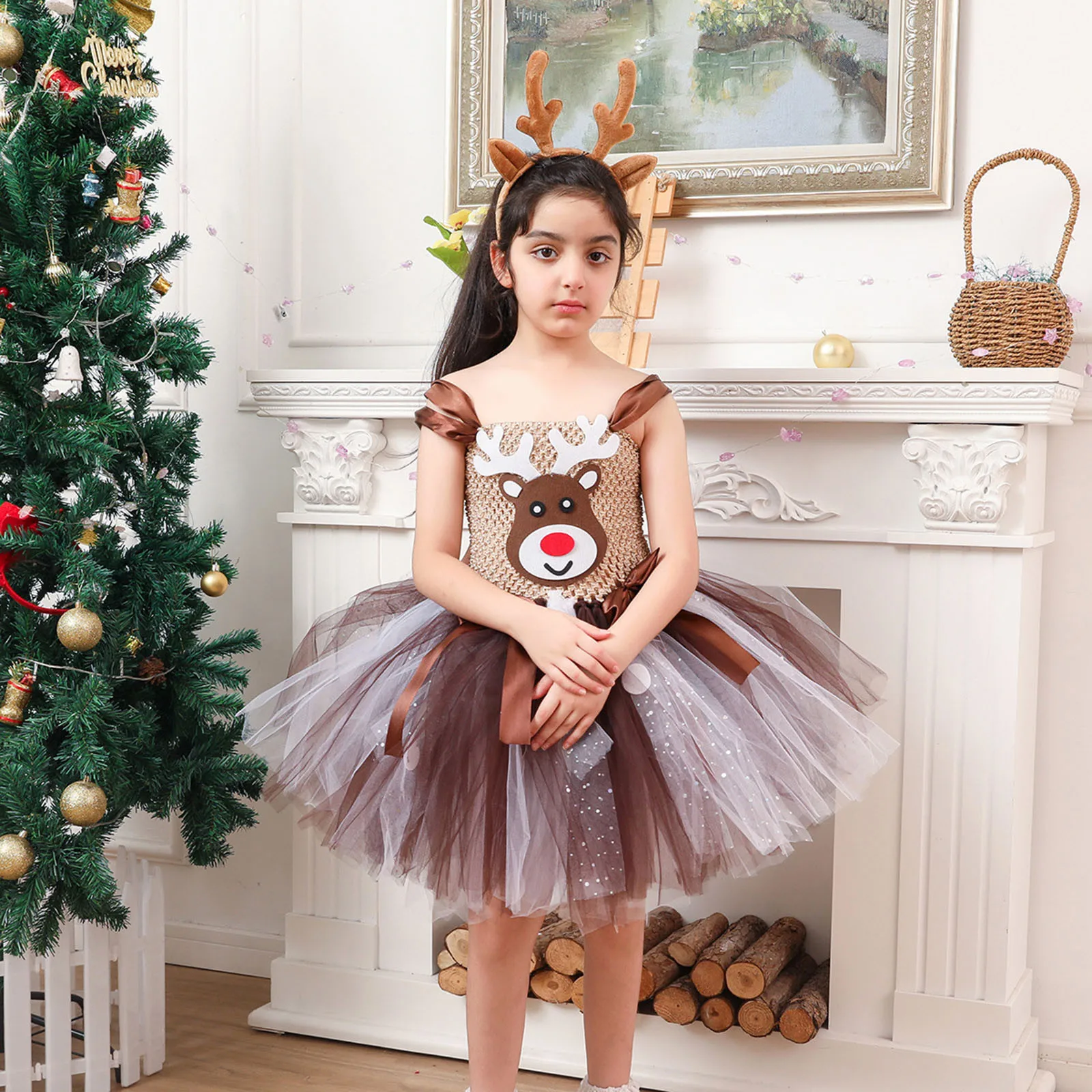 2024 Christmas Cute Deer Costume Girl Disguise Christmas Cosplay Tutu Dress Carnival Party Toddler Kids Princess Dress Prom Gown