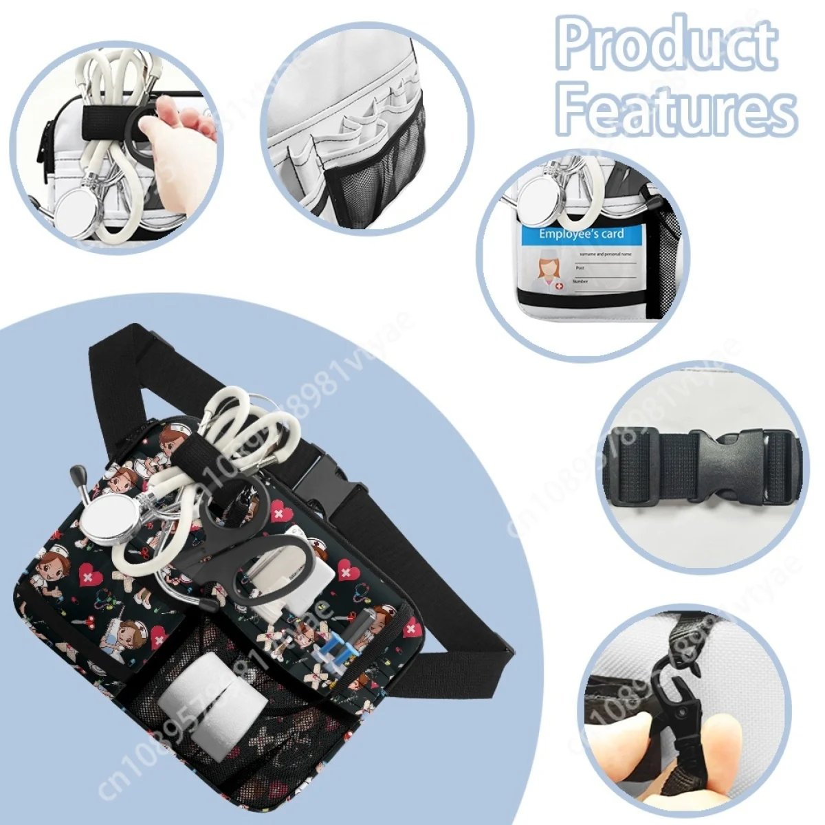 Paquete de cintura con estampado de enfermera de dibujos animados para mujer, paquete médico multibolsillo, estetoscopios, suministros de emergencia, equipo médico, bolsas de cinturón duraderas