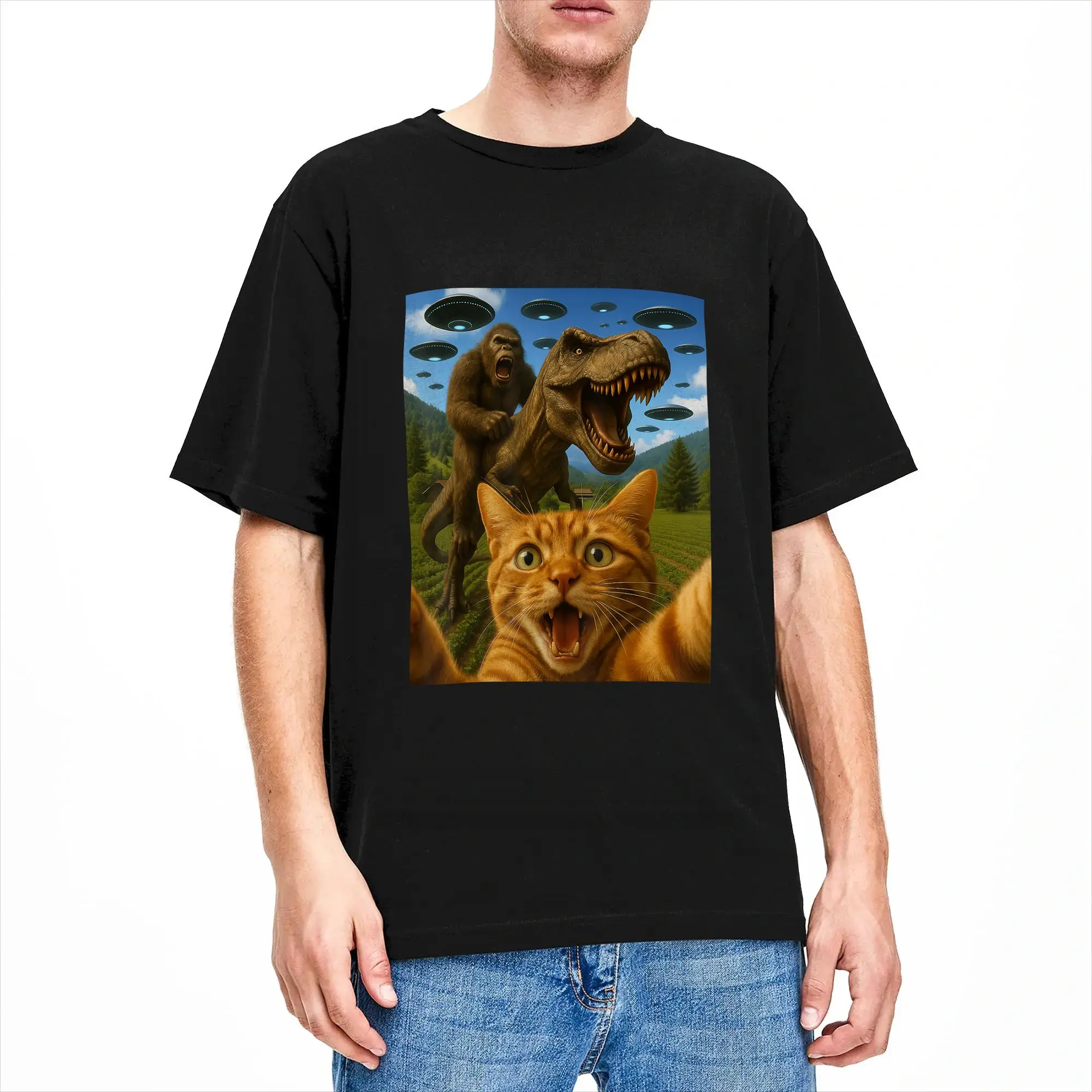 Funny Graphic Cat Selfie With Bigfoot Riding T Rex Dinosaur Cotton T Shirt For Men Beach  Funny T-Shirts Tee Shirt Loose Clothes