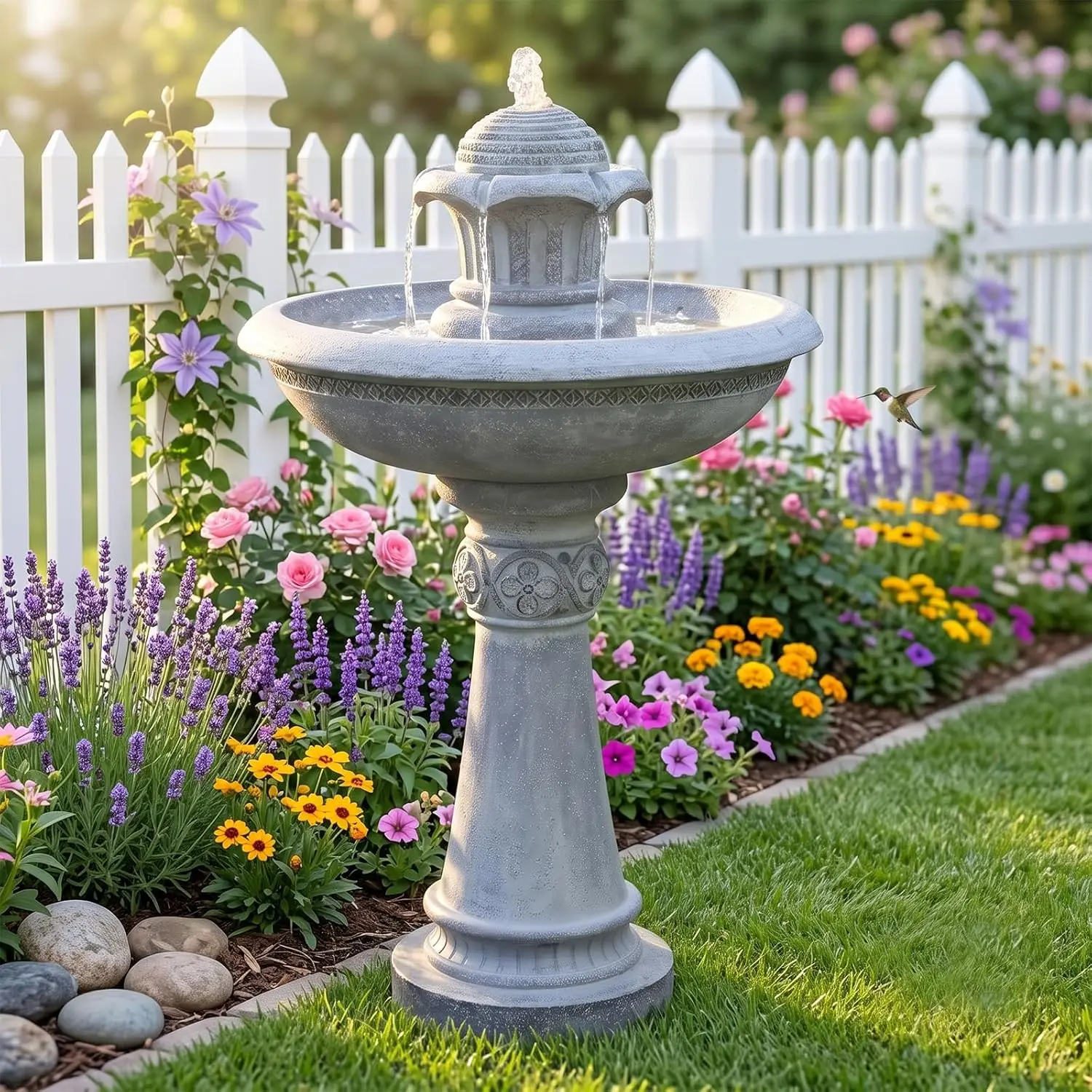 2-Tier Outdoor Water Fountain LED Lights Resin Garden Fountain Patio Yard Cascading Waterfall Quiet Pump, Customized