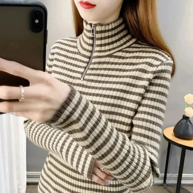 Sweater Coat Women Autumn Winter New 2024 Knitwear Jacket Ladies Half-High Collar Fashion Pullover Bottoming Shirt Top Female