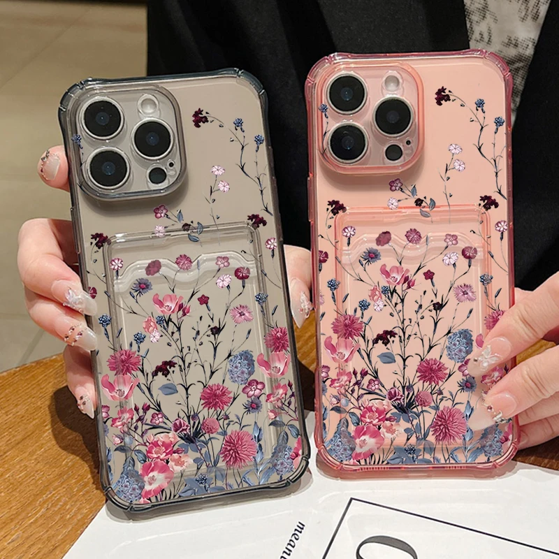 Clear Flowers Patterned Card Holder Phone Case For iPhone 17e 17 16 15 14 13 Pro Max 15 16 17 Pro 16e 12 11 Soft Card Bag Cover