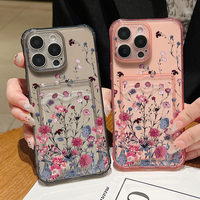 Clear Flowers Patterned Soft Card Holder Phone Case For iPhone 16E 16 15 14 13 Pro Max 15 Pro 12 11 Transparent Card Bag Cover