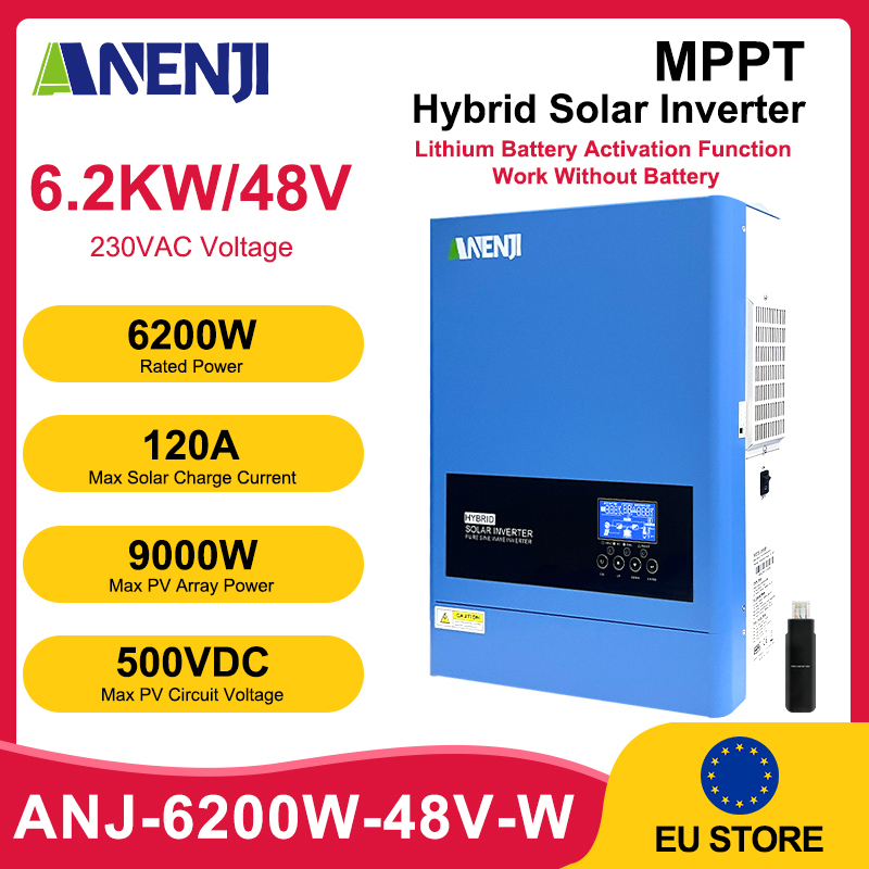 ANENJI 6.2KW Hybrid Solar Inverter 48V 220V Pure Sine Wave On Off Grid 120A MPPT Inverters PV Input 500V WIFI for Solar Panel