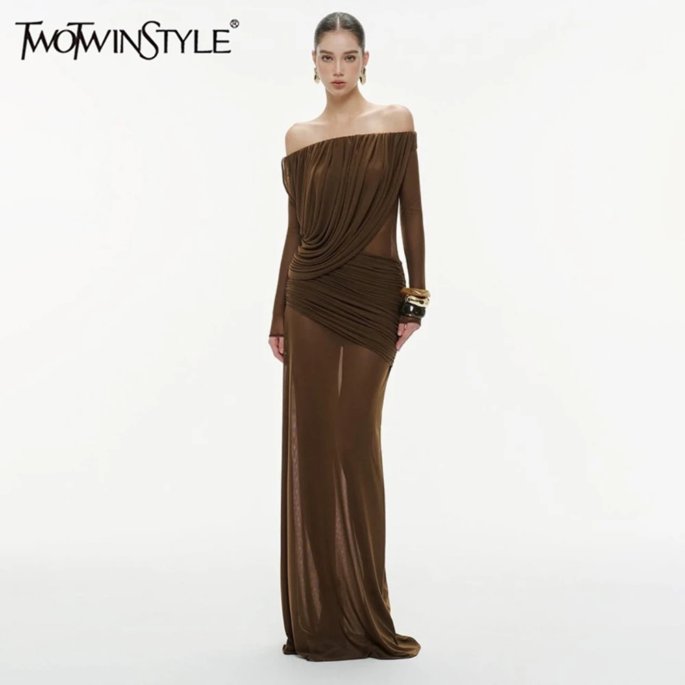 TWOTWINSTYLE – robe Maxi en maille transparente pour femmes, col Slash, manches longues, taille haute, Patchwork, plis, robes amincissantes, nouvelle collection