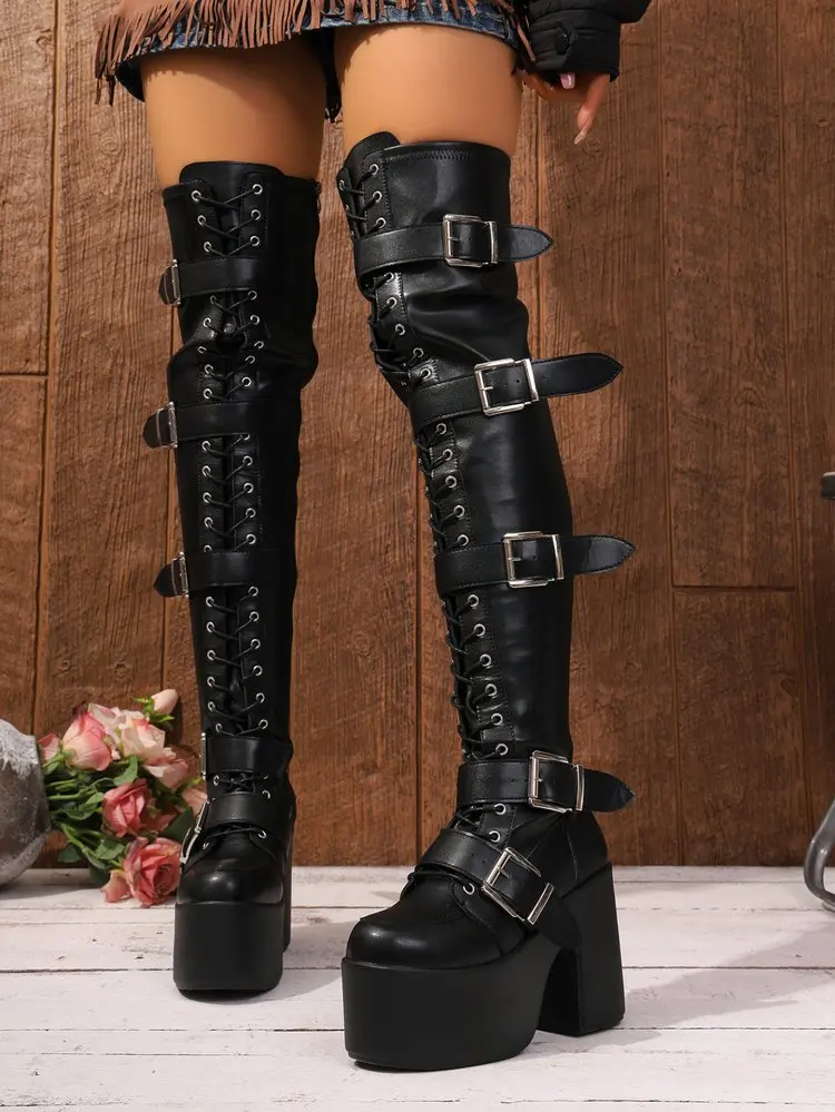 Luxuriöse 2026 Punk Goth Damen Motorradstiefel Blockabsatz Plateau-Schuhe Neue Markenmode-Design Coole Straßenstiefel – Detail 19