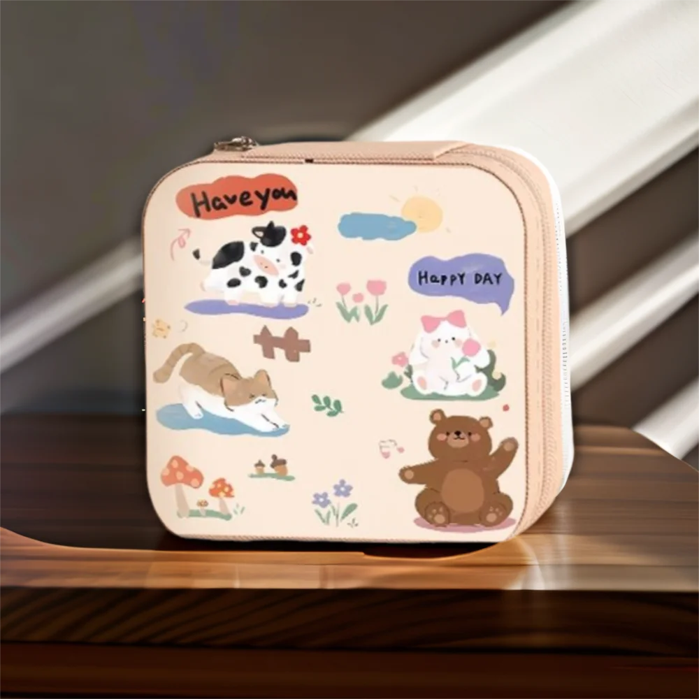 

Kawaii мини-шкатулка для драгоценностей с мультяшным квадратным принтом животных, органайзер для сережек для женщин и девочек, органайзер для путешествий на открытом воздухе, ювелирных изделий