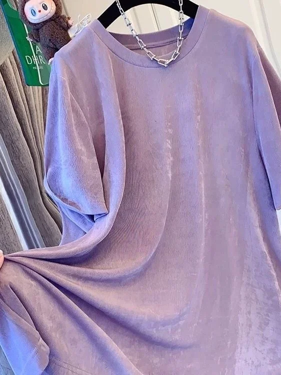 

plus Size Women's Ice Silk Loose Fit T-Shirt Short Sleeve Purple Lazy Style Base Shirt Summer Breathable Comfortable Top
