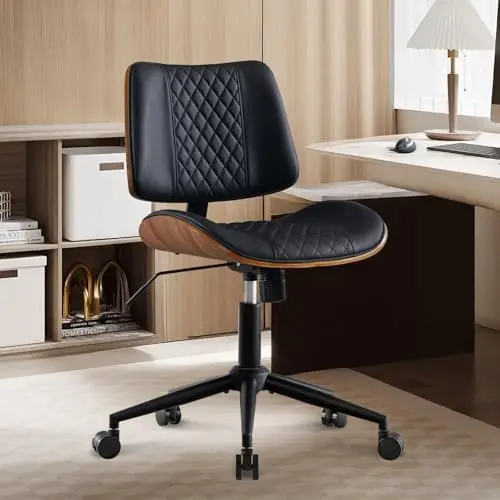 BV Small Desk Chair, Bentwood Back, Swivel Task Chair, Faux Leather, Black