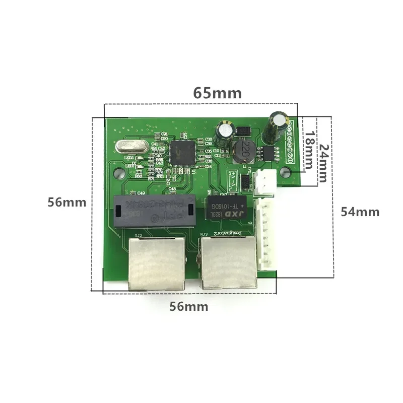 OEM fabriek direct mini snelle 10/100 mbps 2 poort ethernet netwerk lan hub switch board twee laag pcb 2 rj45 1*8pin hoofd poort