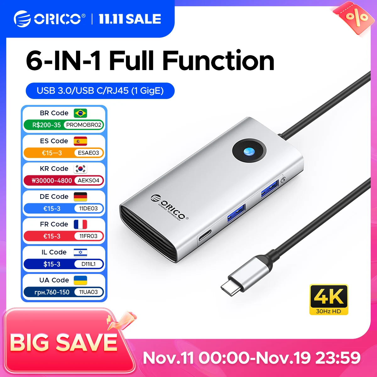 

Док-станция ORICO типа C HUB на 4K60 Гц HDMI-совместимый адаптер USB 3.0 RJ45 PD100W зарядка для Macbook Pro аксессуары для ноутбуков