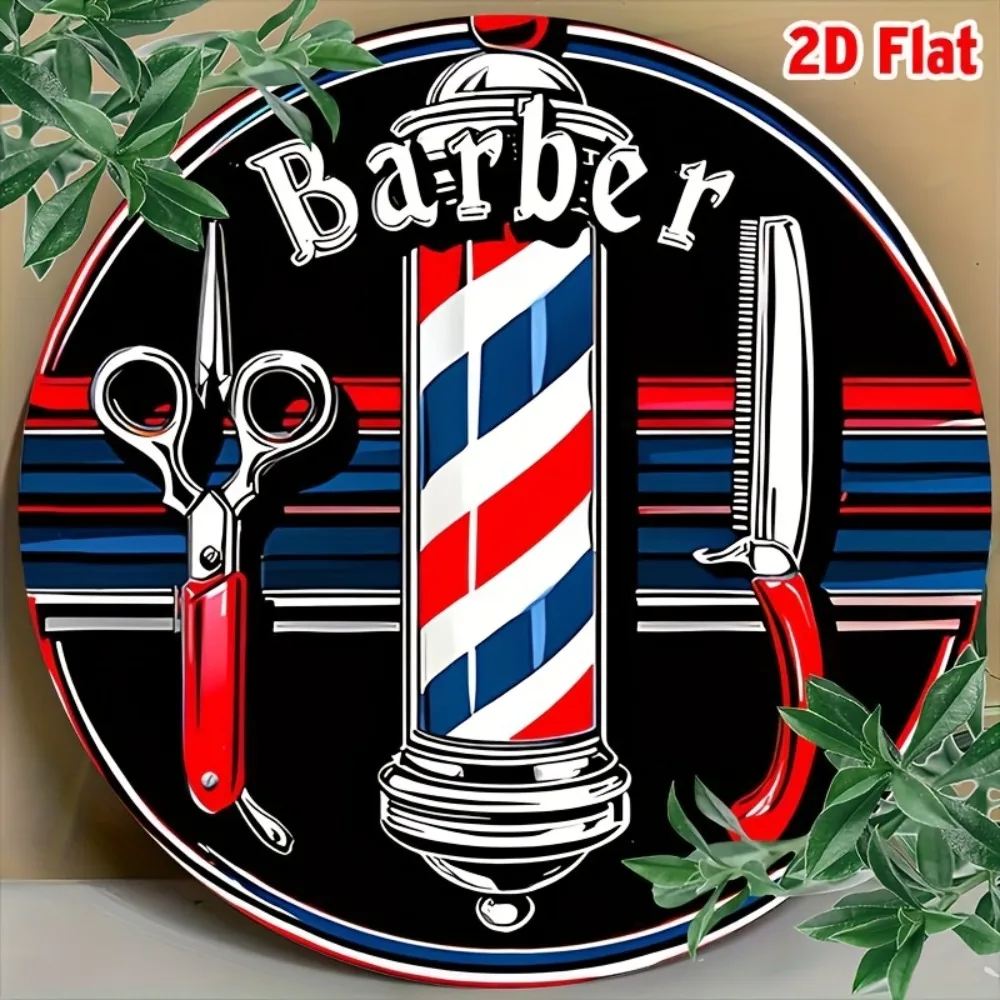 Retro Red White & Blue Striped Pole Metal Wall Sign, Aluminum Round Barbershop Decor with Scissors & Comb, 2D Flat Art