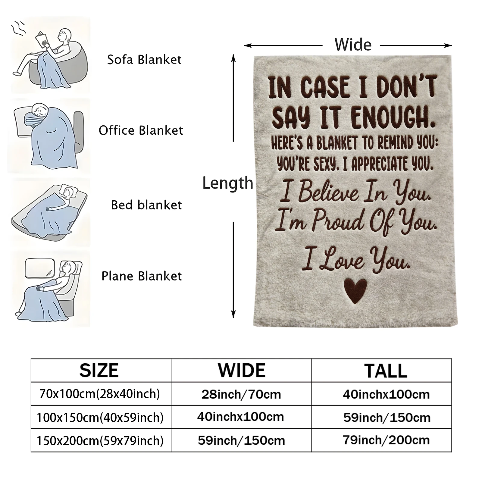 Warm Brown Encouraging Love Slogan Solid Heart Flannel Throw Blanket Lightweight All Season Neutral Romantic Blanket