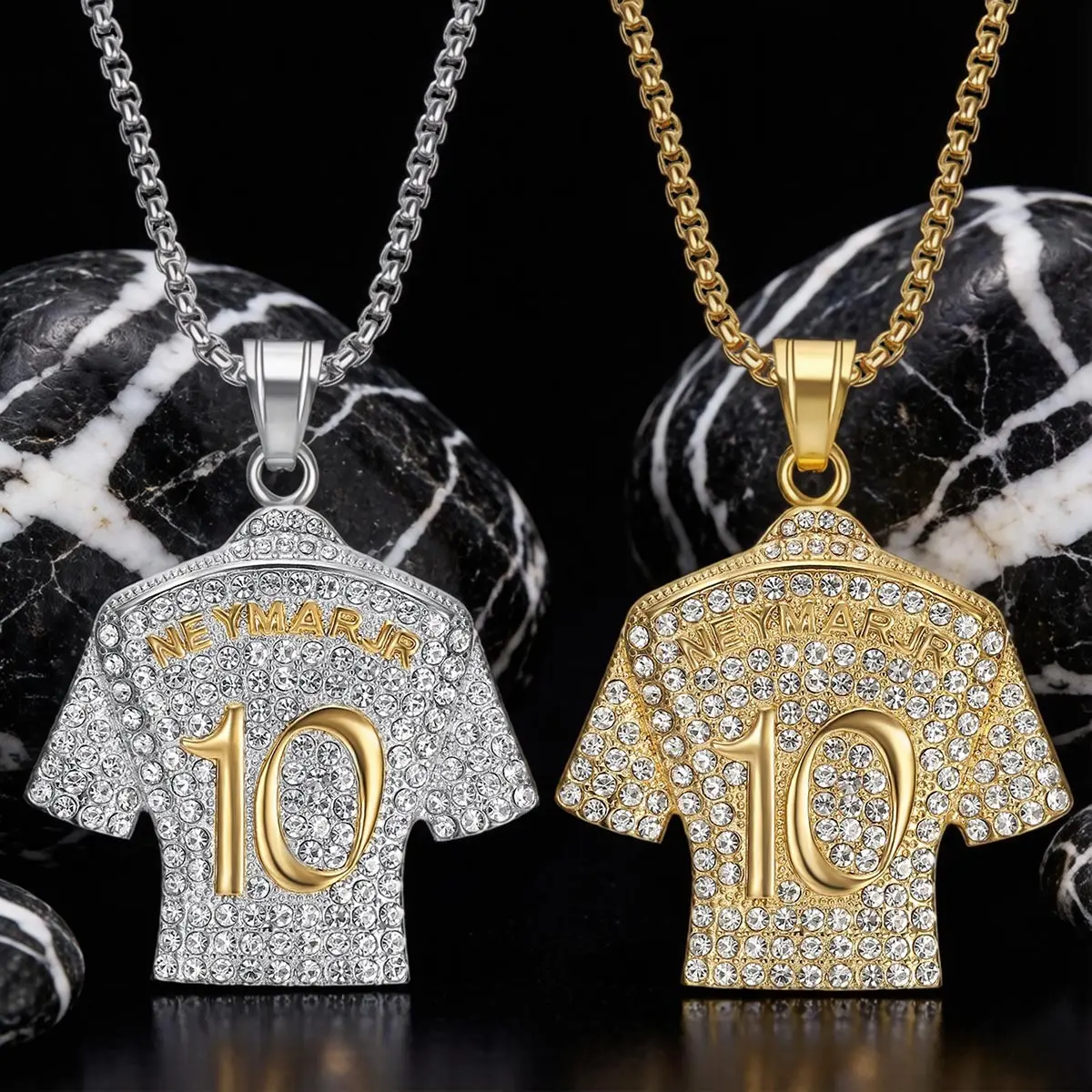 

Fashion Hiphop Titanium Steel Gold-Plated Diamond-Encrusted Football Star Neymar No. 10 Jersey Pendant Necklace Hip-Hop Style Stainless Steel Pendant Necklace with Diamonds Fashion Trend