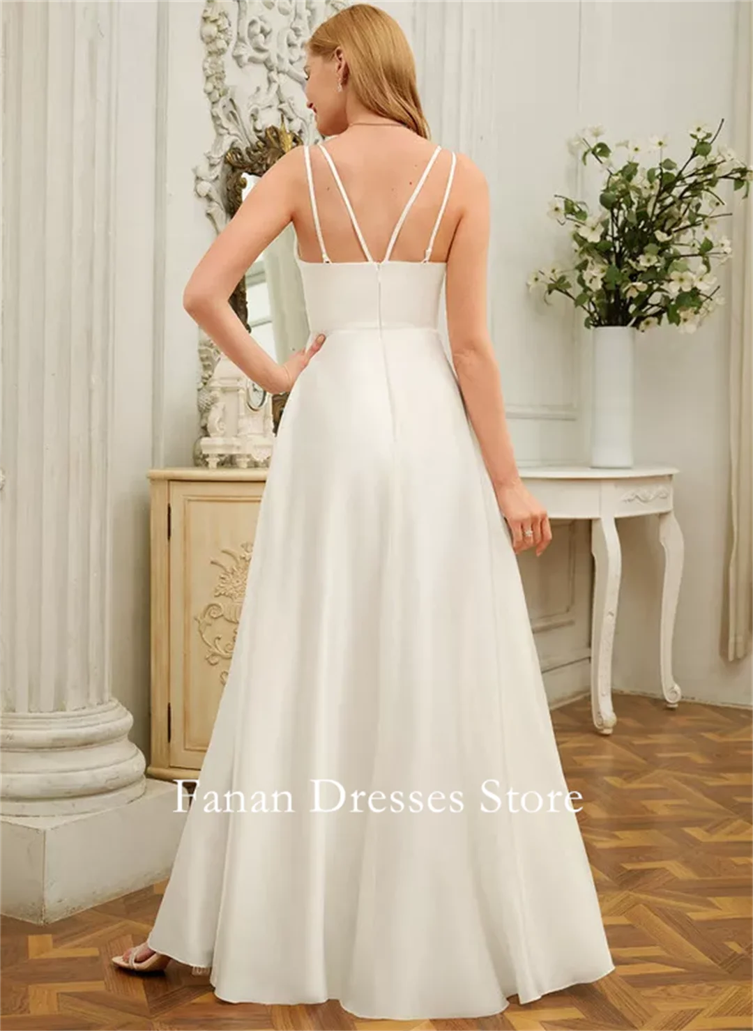 FANAN A-line V-Neck Floor-Length Silky Satin Wedding Dress Bride Dresses A-Line Ruched Wedding Dresses 웨딩드레스 Ivory Customiz
