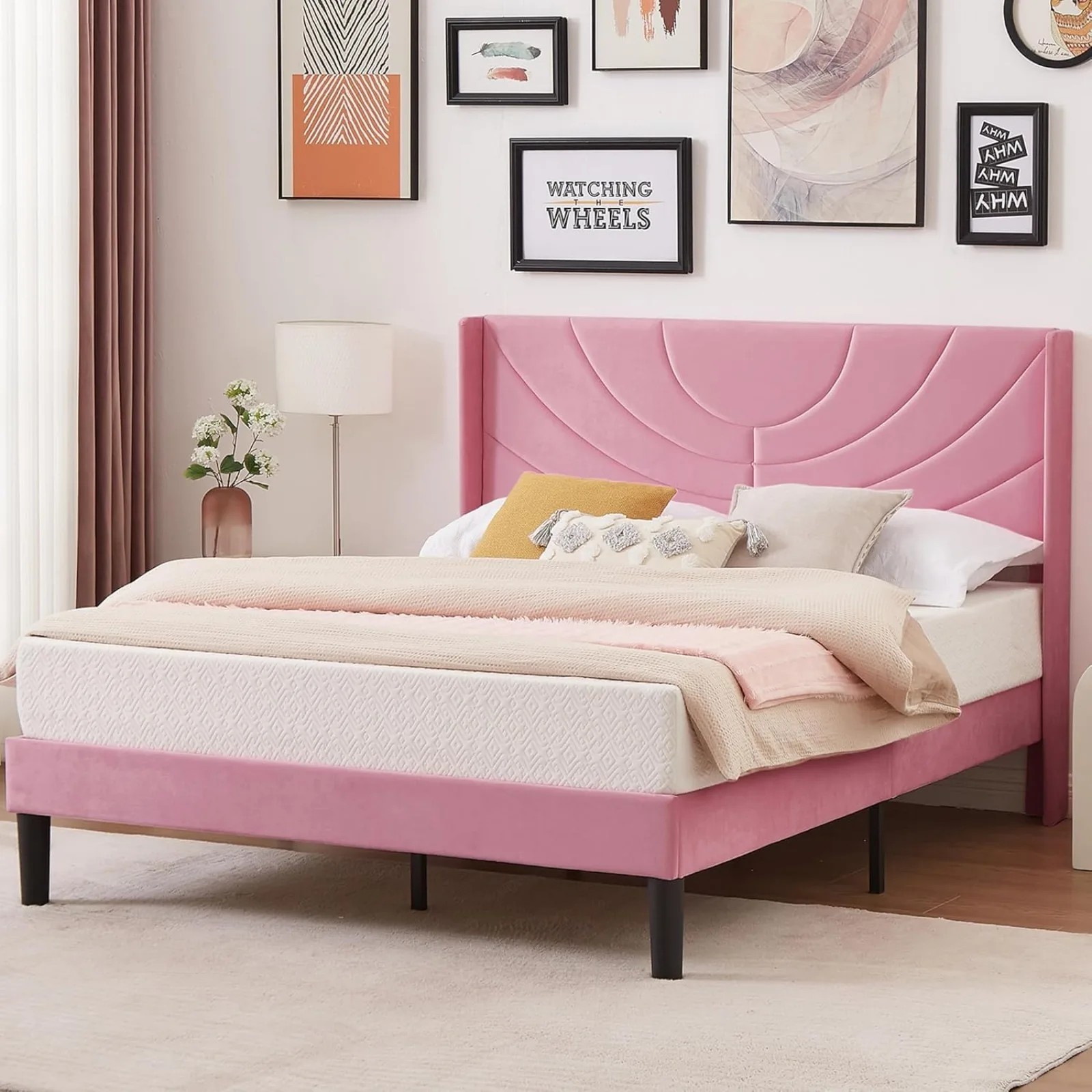 US Queen Size Bed Frame Upholstered Platform with Wave Fabric Headboard,Wooden Slats Support/No Box Spring Needed/Mattress