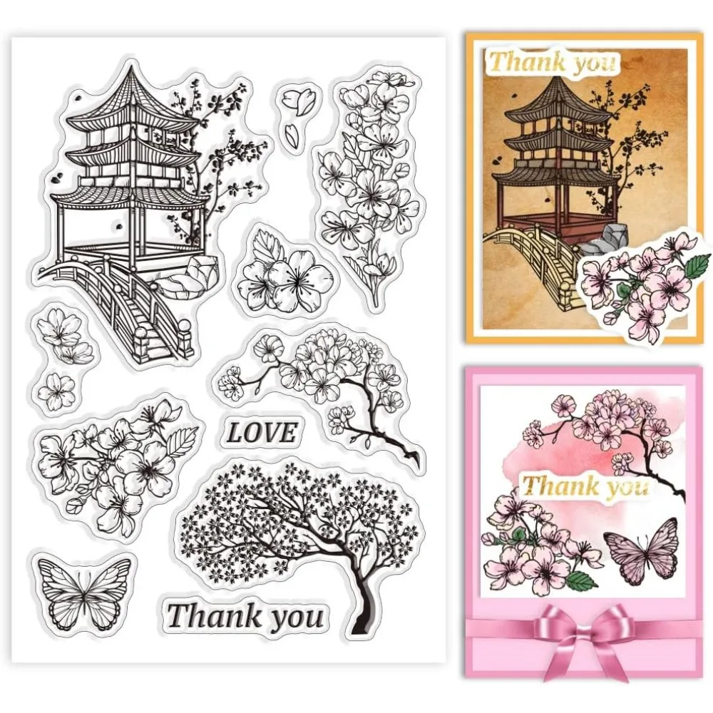 Japan Cherry Blossom and Gazebo Transparent Clear Stamps Japan Cherry Blossom and Butterfly Embossing Stamp Sheets Silicone