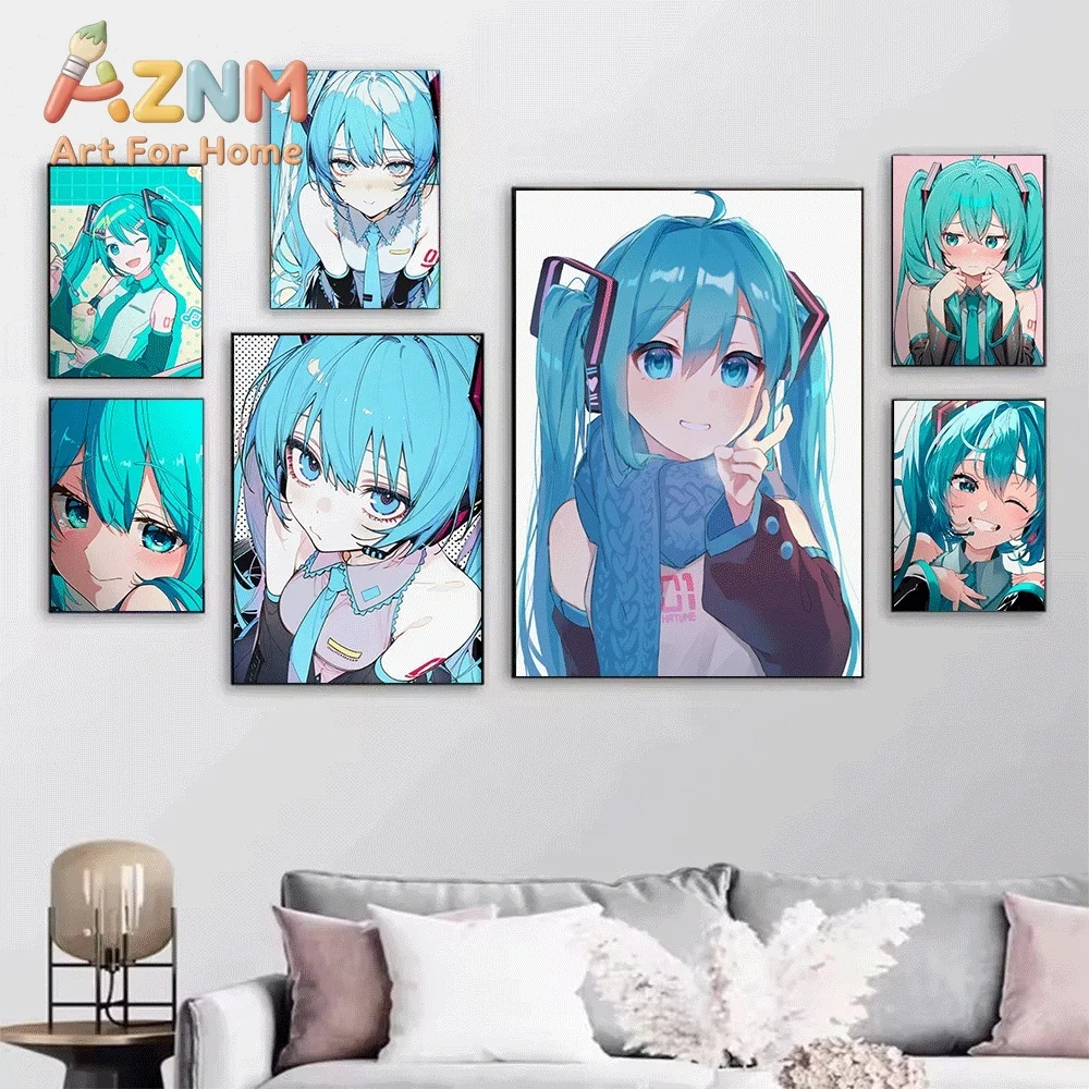 Hatsune Miku Cute Facial Expressions Anime Canvas Painting Frameless Wall Art Print Poster Home Bedroom Living Room Kawaii Wal
