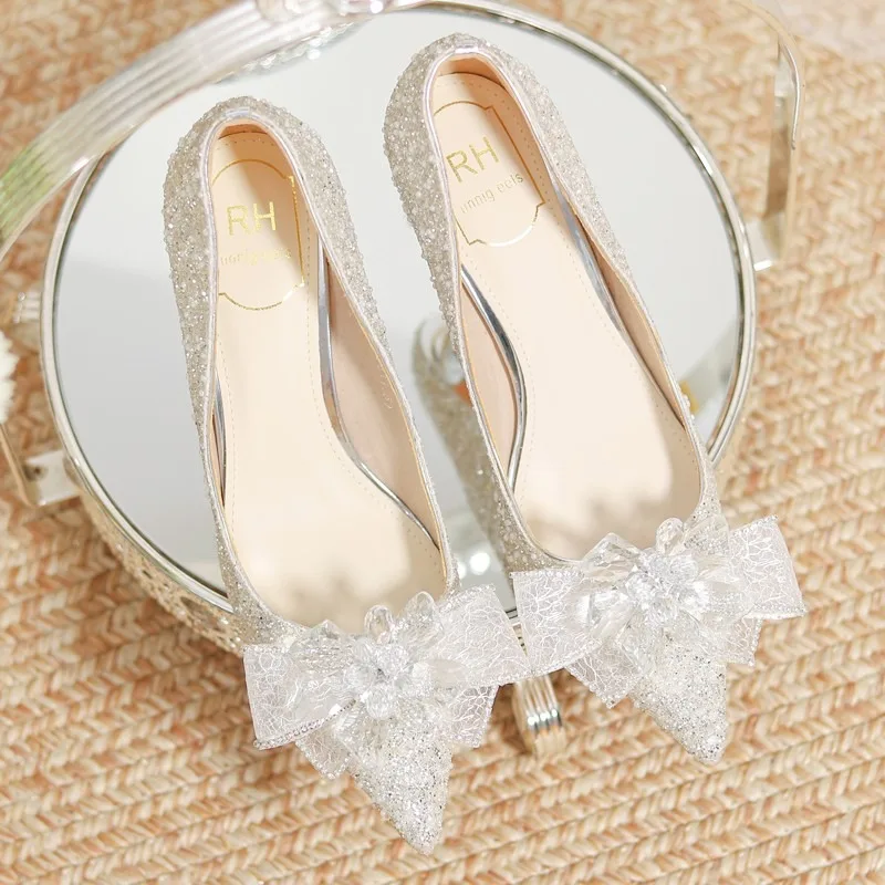 Silver Wedding Shoes Bridal Shoes Master Wedding Dress Engagement Wedding Slippers New Sequins High Heels Women\'s Fine