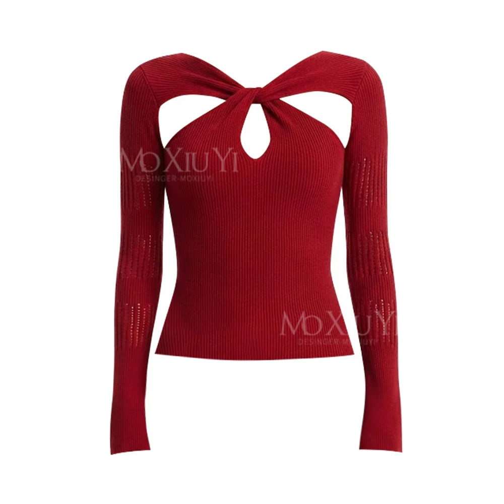 Women's Christmas Burgundy T-shirt Y2k Gyaru Tee Top 2000s Vintage Aesthetic Long Sleeve Hollow T-shirt Clothes Spring Autumn
