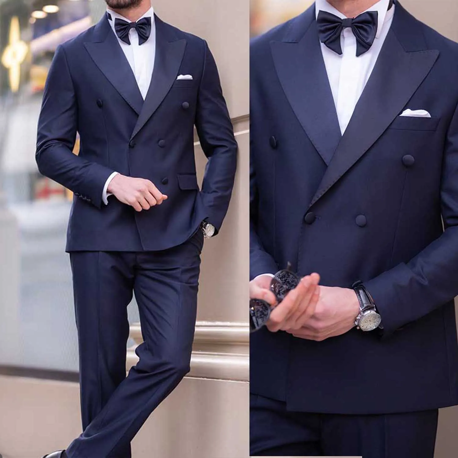 High Quality 2 Pieces Navy Men Suits Tuxedo  Peaked lapel Formal Suit Custom Size Single Breasted 3 Pockets Blazer+Pant