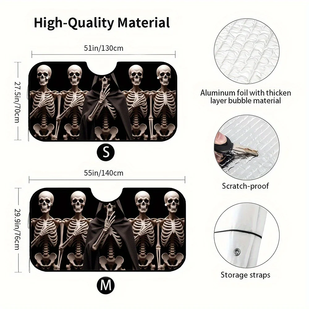 1pc Skeletal Gothic Art Car Sunshade - Windshield Cover With Eerie Skeleton Print, UV Protection & Heat Reduction, Fit For Cars,