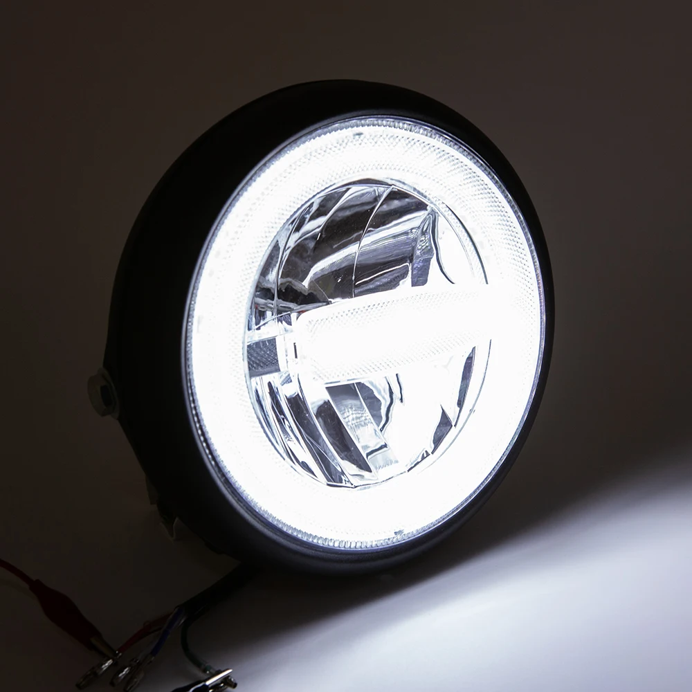 

EVOMOSA Universal Motorcycle Headlight Headlamp For Harley Sportster Yamaha Cafe Racer LED DRL Fog Lamp Driving Headlight Front