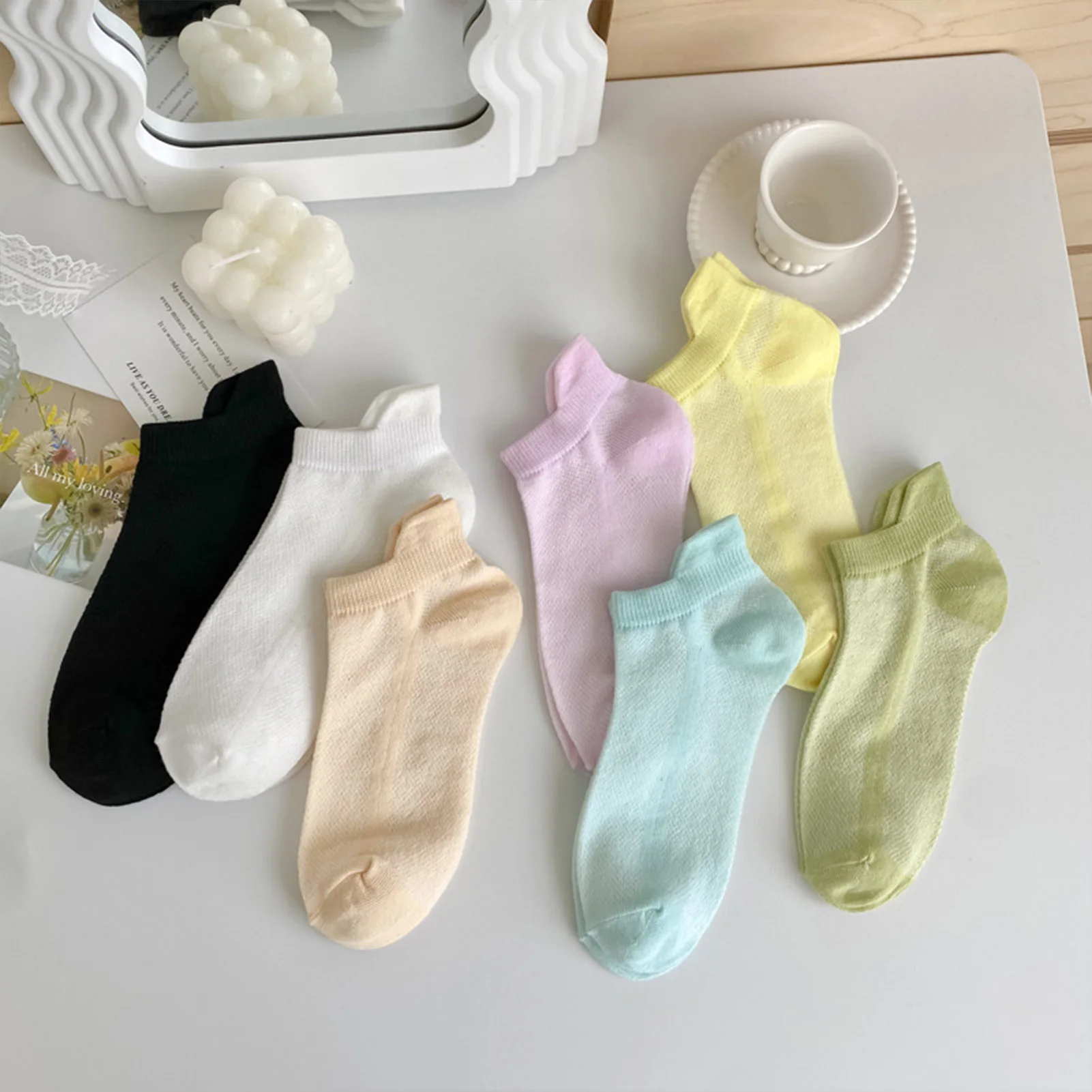 

1 Pair Breathable Summer Flat Boat Socks Mesh Sock Anti-falling Heel Solid Color Ankle Socks for Women Slipper Socks FC