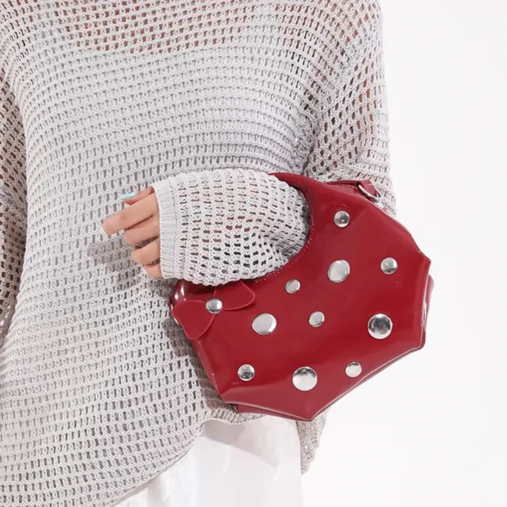 

Red Oil Wax PU Leather Handbag For Women Willow Nail Decorative Design Sense New Rivet Crossbody Bag Small Round Bag Trendy