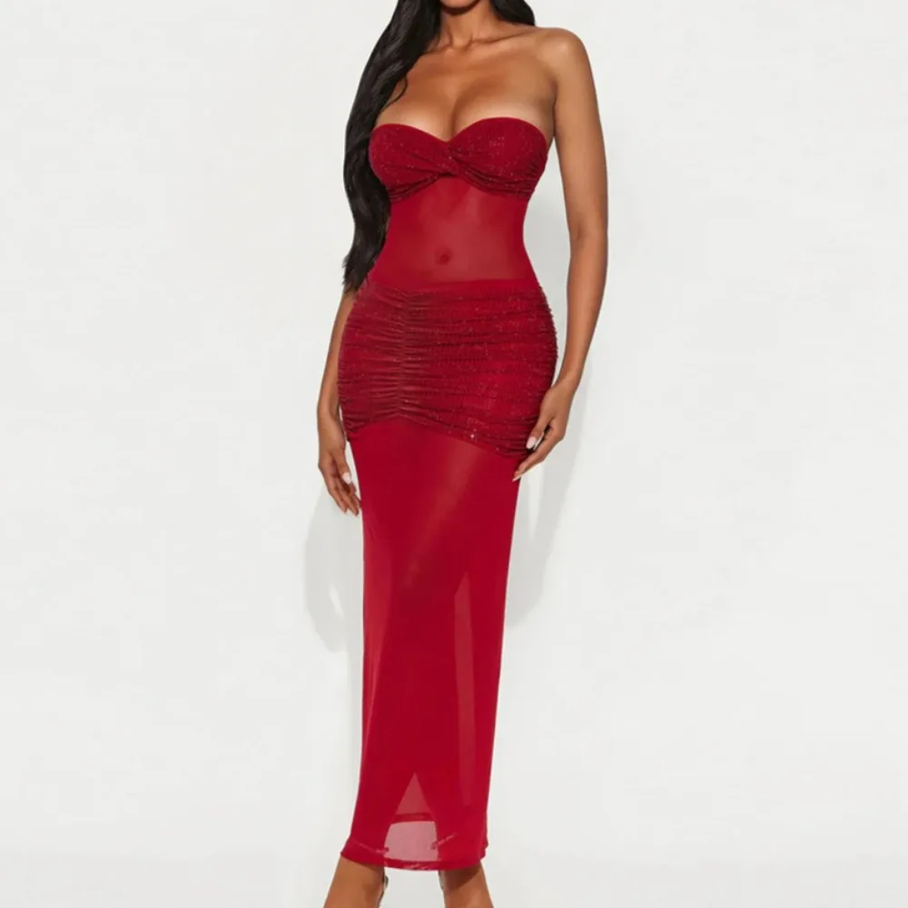 HLJ مثير شبكة حجر الراين المرقعة Bodycon فستان طويل امرأة انظر من خلال أكمام فساتين عارية الذراعين الإناث الشارع الشهير Vestidos