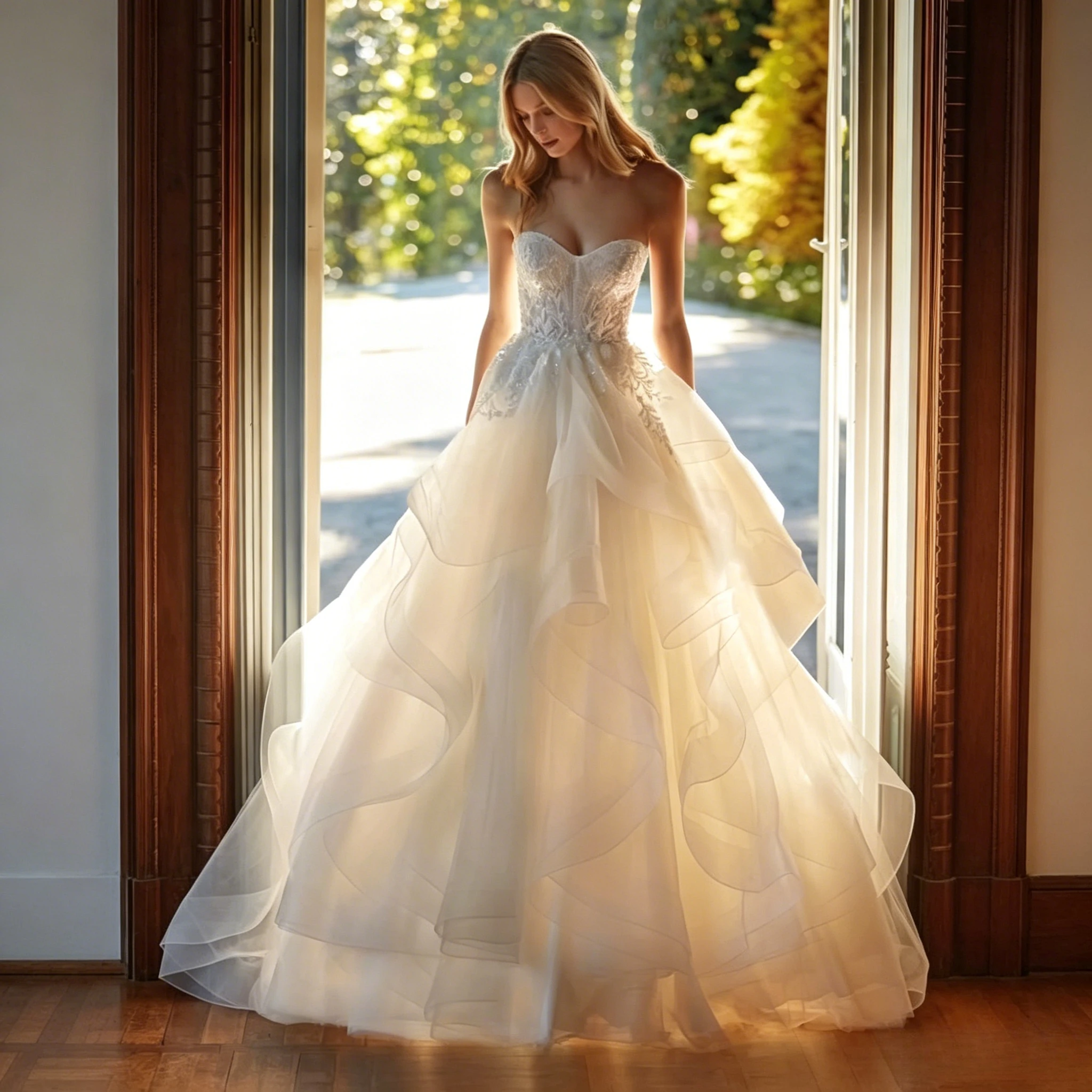 

Customized Romantic Outdoor Wedding Ball Gown Featuring Strapless Sweetheart Bodice Covered in Delicate Beaded Lace Embroidery