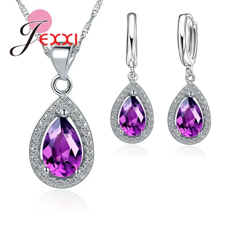 Pure 925 Silver Color Jewelry Sets Shiny Triangle Cubic Zirconia Necklace Earrings Bridal Women Wedding Jewellery